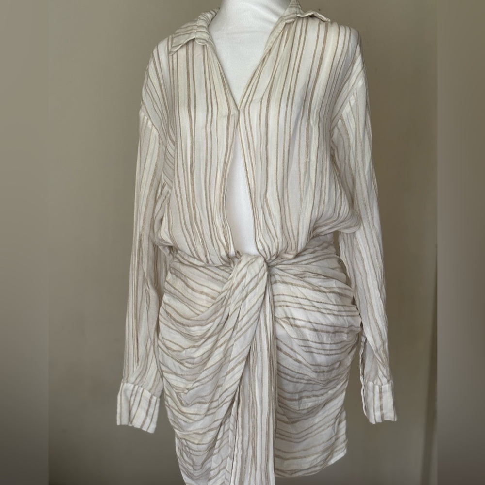 House of CB Natural Striped Linen Draped Shirt Mini Dress Size Small - Picture 13 of 16
